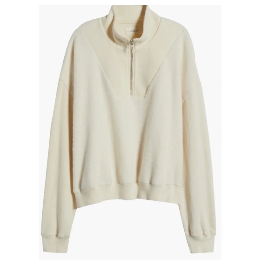NEW THE GREAT. The slouch mixed media half-zip pullover washed white ivory sz 1 - Picture 2 of 9